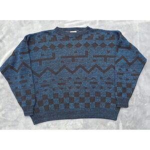 Upper‎ Body Mens Vintage Geometric Knit Sweater M Blue Black Abstract Pattern